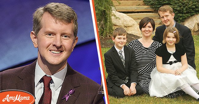 Ken Jennings appearing at the "Jeopardy!  The Greatest of All Time Tournament" on ABC., Ken Jennings and his wife Mindy, with their children, Dylan and Caitlin.  |  Source: Facebook/Getty Images