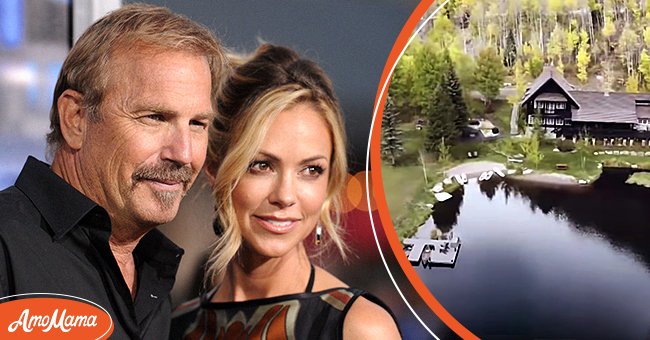 Kevin Costner and Christine Baumgartner at the premiere of "Draft Day" on April 7, 2014, in Los Angeles [left]An aerial view of one of the houses on Costner's ranch [right] |  Source: Getty Images, Youtube.com/CNBC Make It
