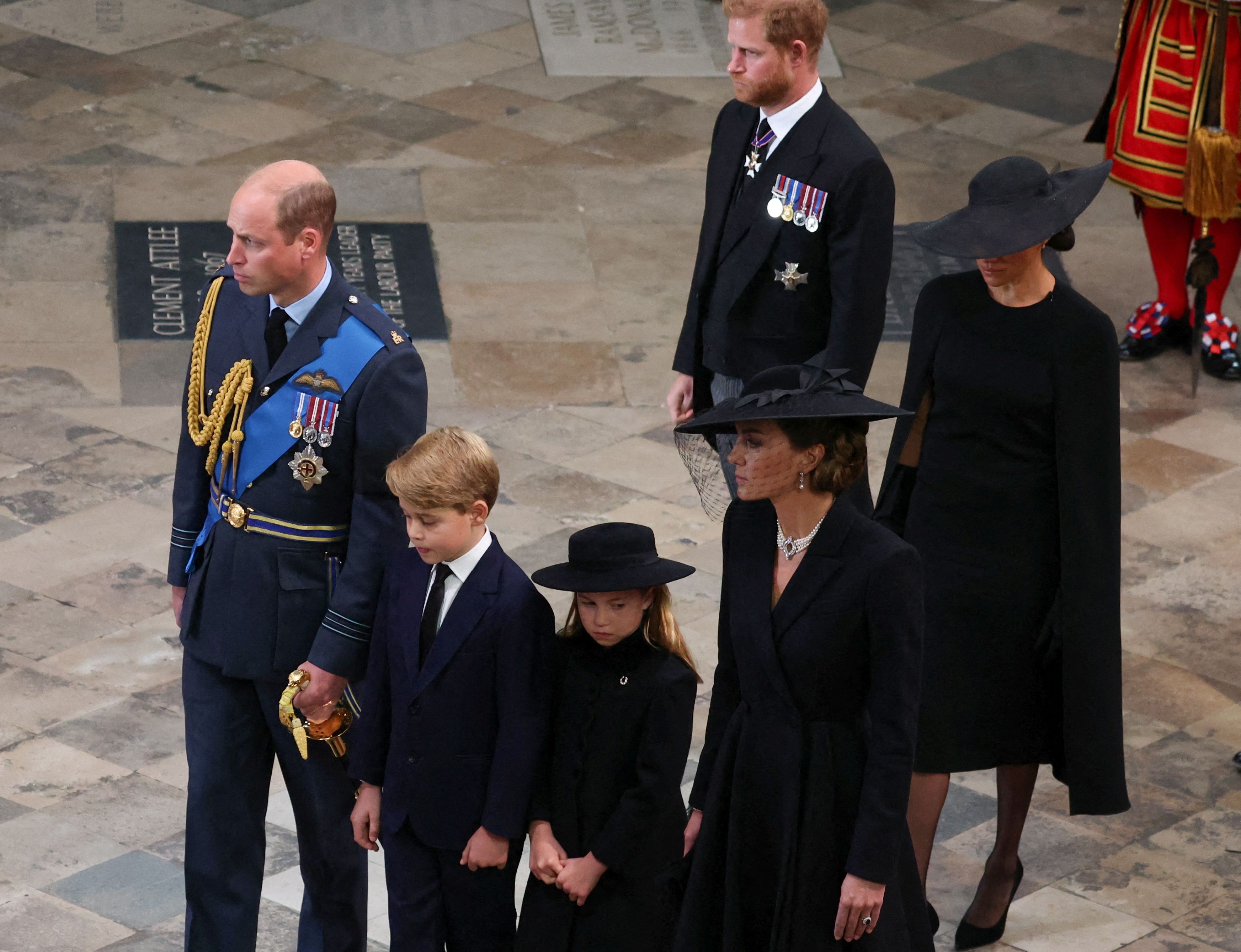 Prince William, Prince George, Princess Charlotte, Princess Kate, Prince Harry and Duchess Meghan at Queen Elizabeth II's state funeral and interment at Westminster Abbey in London, Britain, on September 19 from 2022 |  Source: Getty Images
