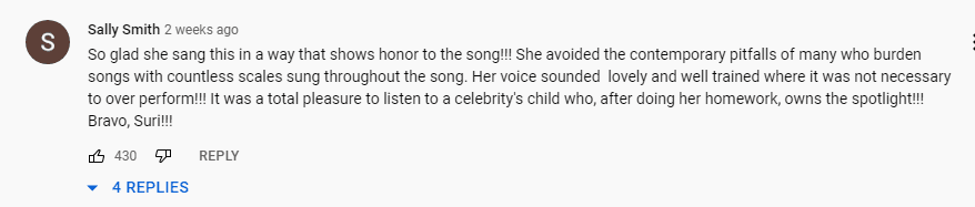 A fan reacts to the voice of Suri Cruise |  Source: YouTube/Alex R.