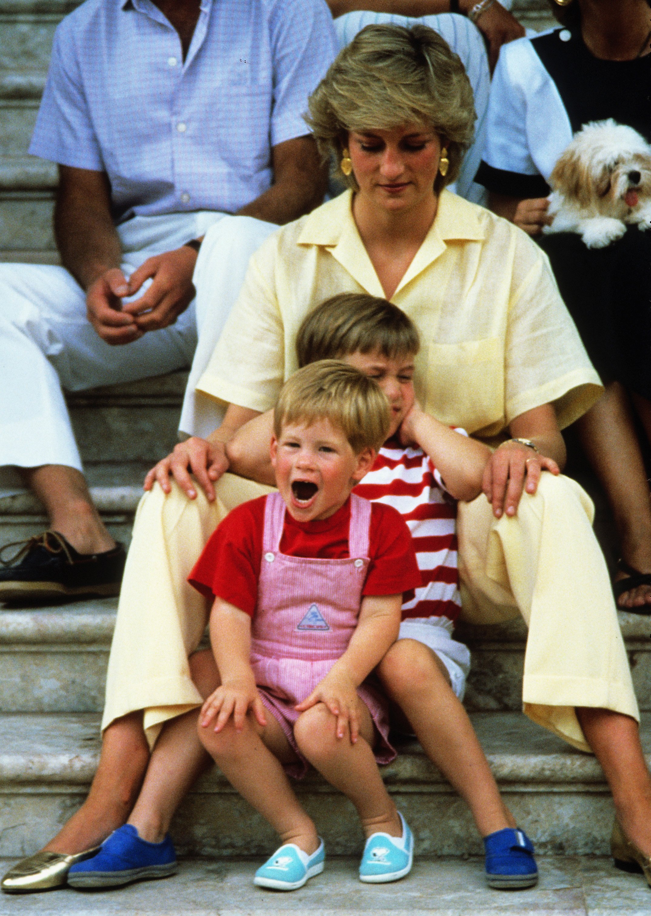 Diana, Princess of Wales, dressed in a yellow jumpsuit, Prince William and Prince Harry sit on the steps of the Marivent Palace with members of the Spanish royal family on August 10, 1987 in Palma de Mallorca |  Source: Getty Images
